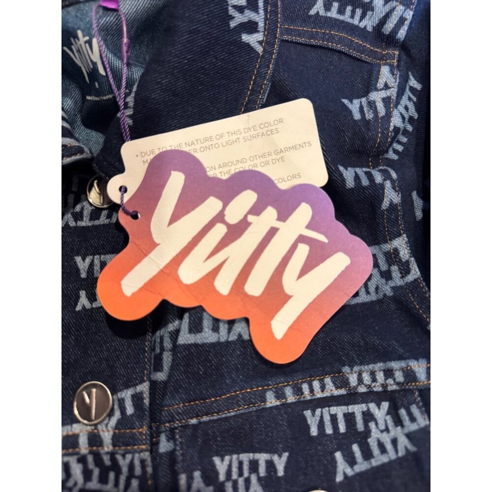 Yitty Womens Cropped Denim Jacket With Allover Logo Print & Button Front - Picture 8 of 12